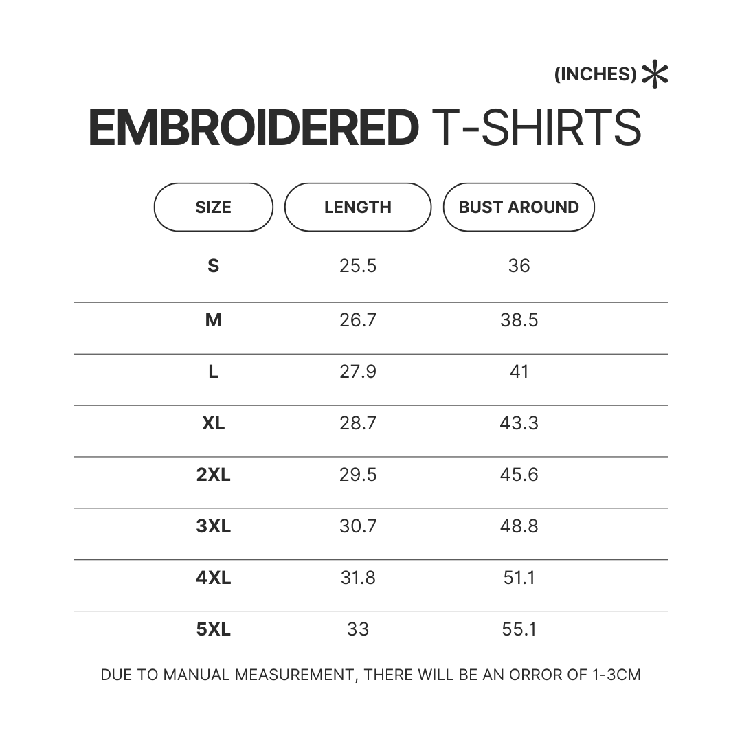 Embroidered T shirt Size Chart - Genshin Impact Gifts